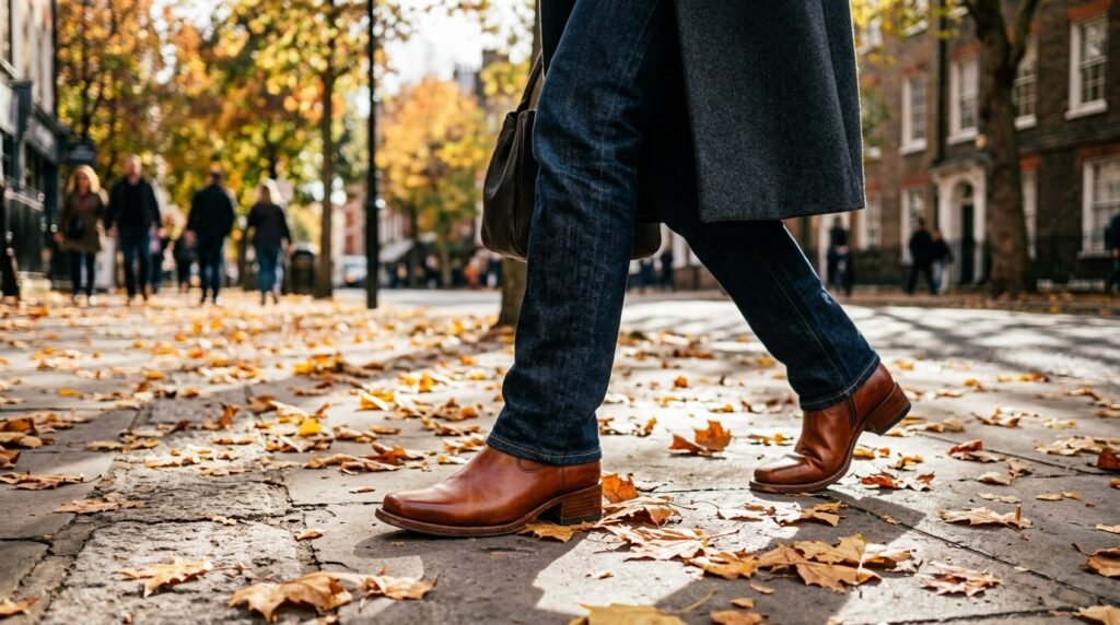 Woman wearing straight-leg jeans with rich cognac leather ankle boots in autumn.