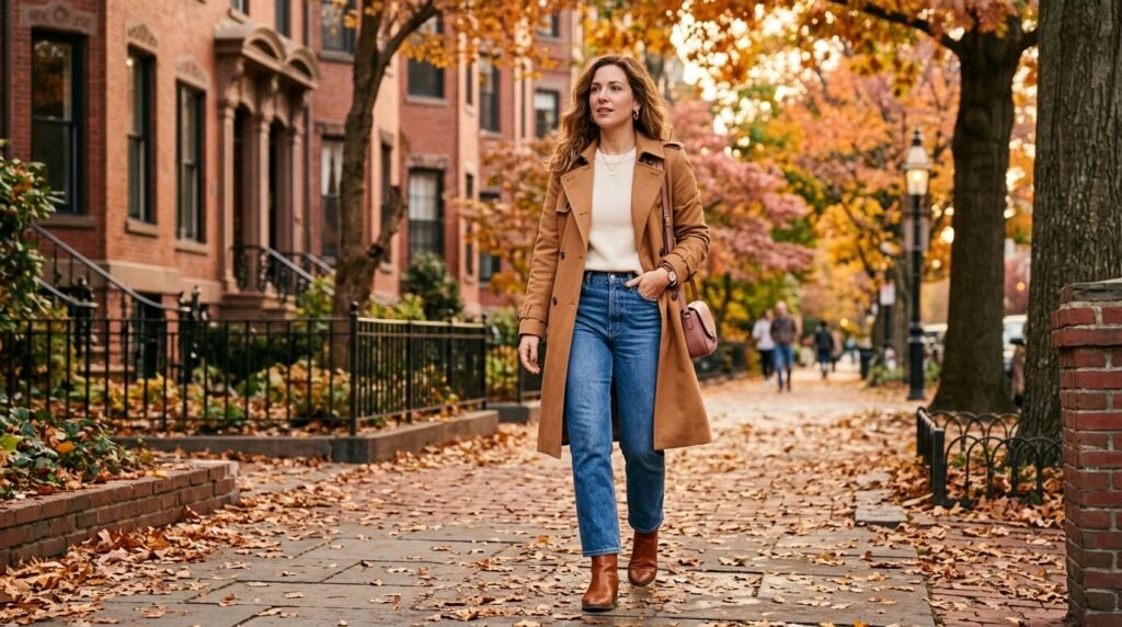 Woman walking on a sidewalk in a camel coat and cognac boots, showing chocolate brown nails.