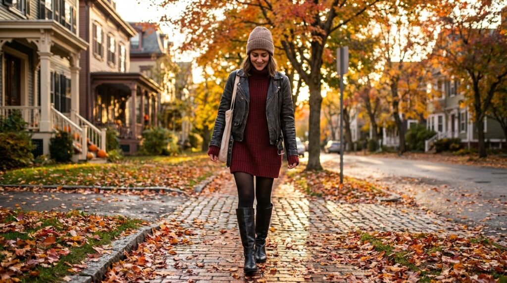 A woman walks on a leaf-covered sidewalk wearing a red knit dress and black knee-high boots.