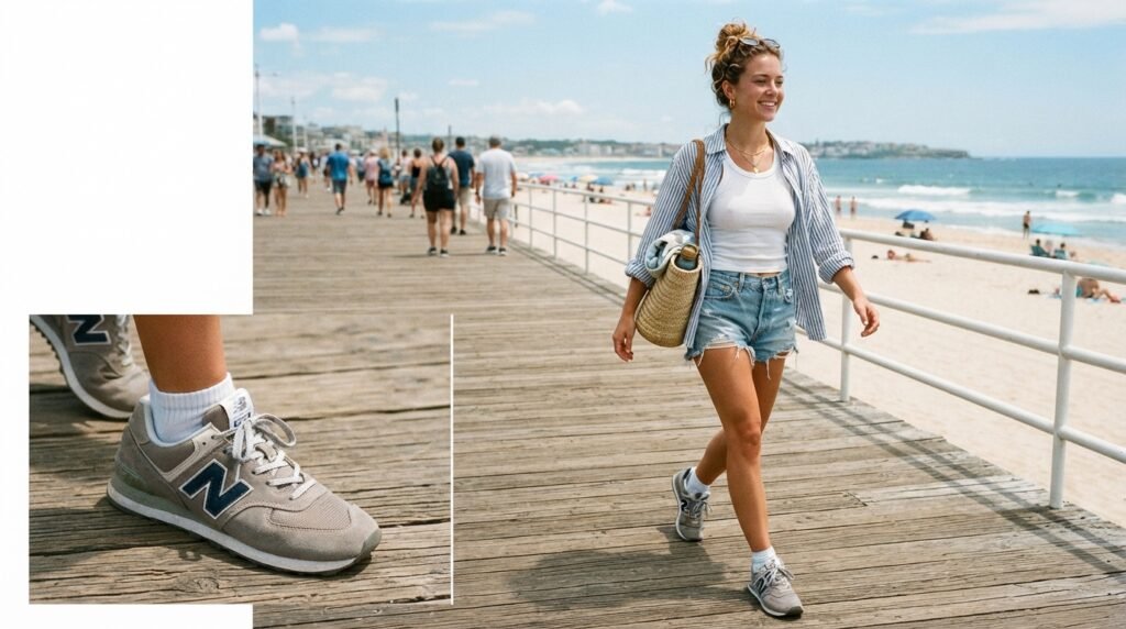 A woman walking on a boardwalk wearing denim cut-off shorts, a striped button-down shirt, and New Balance 574 sneakers.