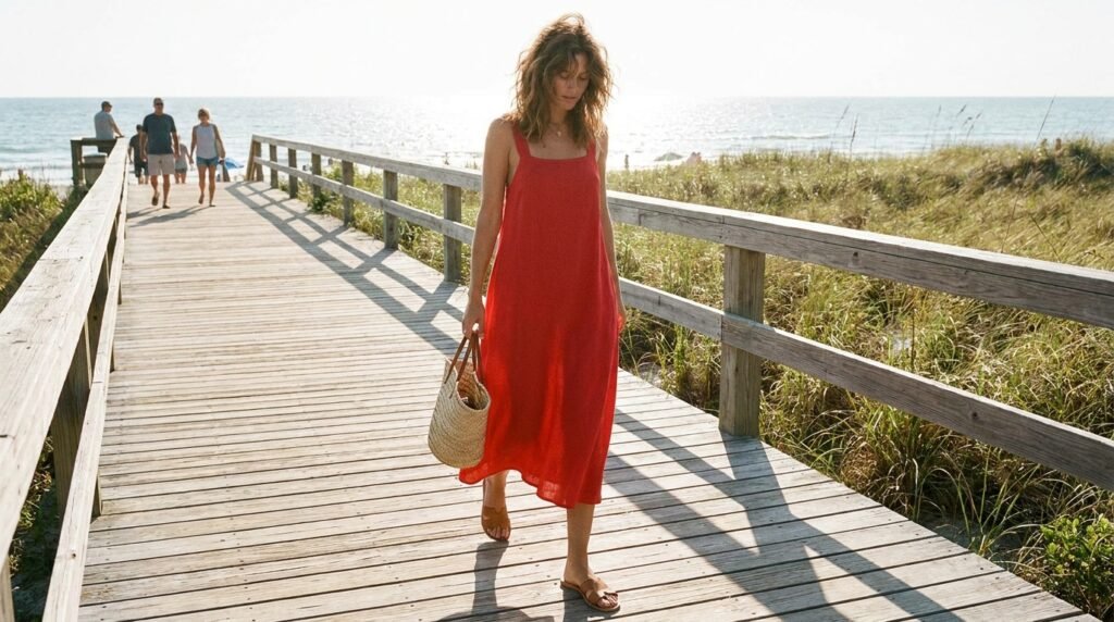 A woman walks on a boardwalk wearing a red linen sundress and tan flat slide sandals.