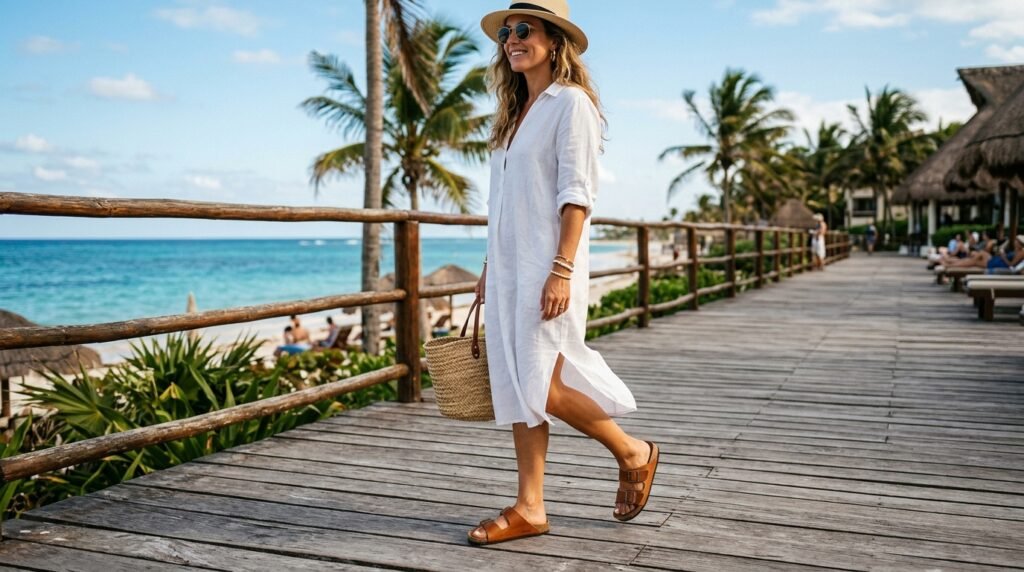 Woman wearing double-strap leather slide sandals with cork footbeds at a resort.