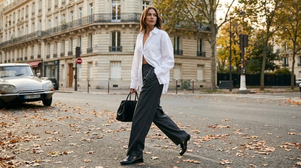 Elegant woman wearing an oversized white shirt, charcoal trousers, and black loafers on a city street.