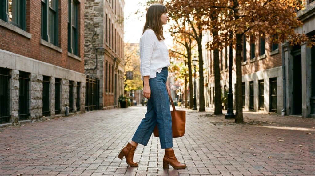 A woman walking on a brick path wearing cognac leather ankle boots and casual autumn clothing.