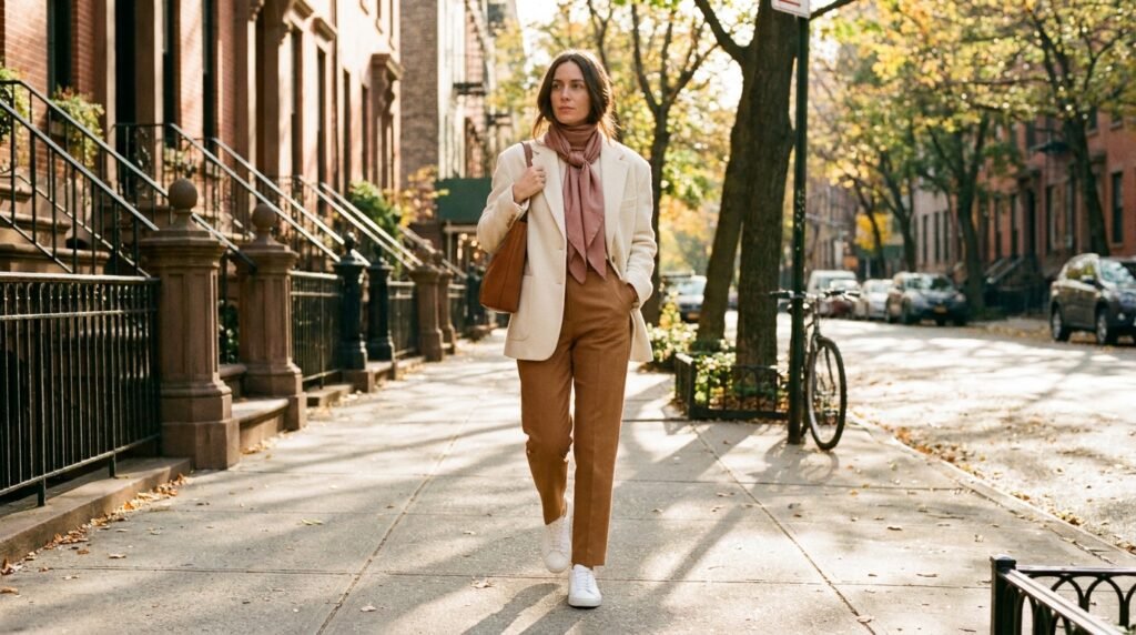 Woman walking on a sidewalk wearing white sneakers, camel trousers, and a blazer.