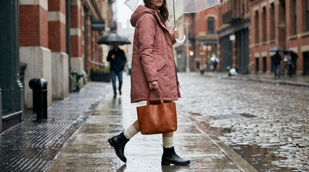 Woman walking outdoors in rainy weather wearing waterproof Chelsea boots and a parka.
