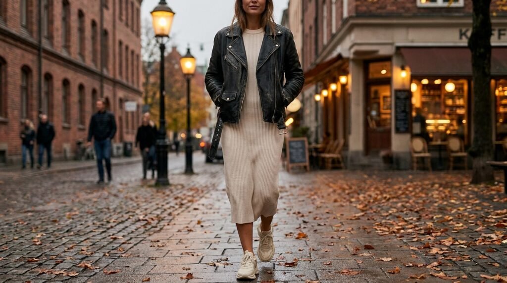 Woman walking at night wearing an oversized black leather jacket, cream sweater dress, and retro sneakers.