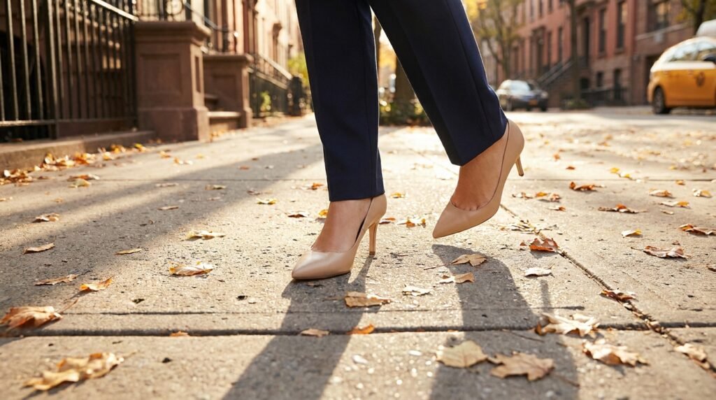 A close up of a woman wearing beige pointed-toe pumps and tailored navy pants walking on a concrete sidewalk.