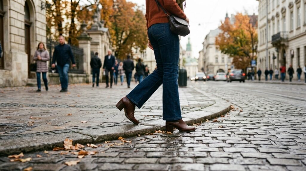 Espresso brown leather block-heel ankle boots paired with dark-wash jeans.
