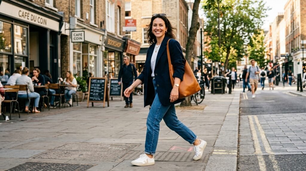 Confident woman wearing tailored blazer, straight jeans, and clean sneakers walking outdoors.