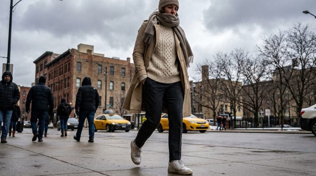 A woman walking down a city street in winter wearing a trench coat, sweater, trousers, and Nike sneakers.