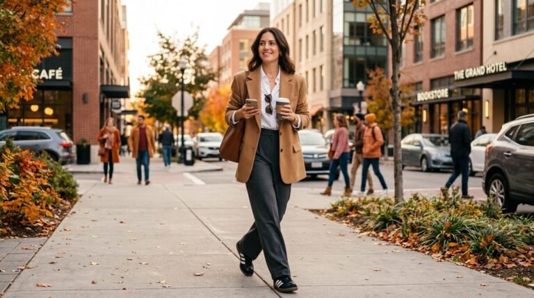 A professional woman walking outside wearing tailored wide-leg trousers, a camel blazer, and classic black-and-white leather sneakers.