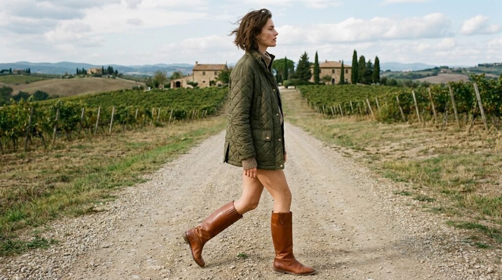 Cognac leather riding boots walking along a gravel path in the countryside.