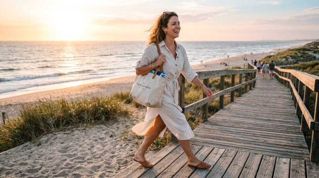 Woman wearing chic braided leather flat sandals walking along a coastal boardwalk.