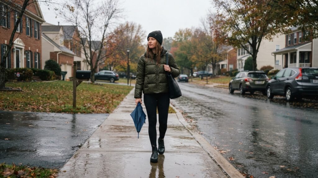 A woman walking on a wet street wearing black Chelsea boots, leggings, and a puffer jacket.