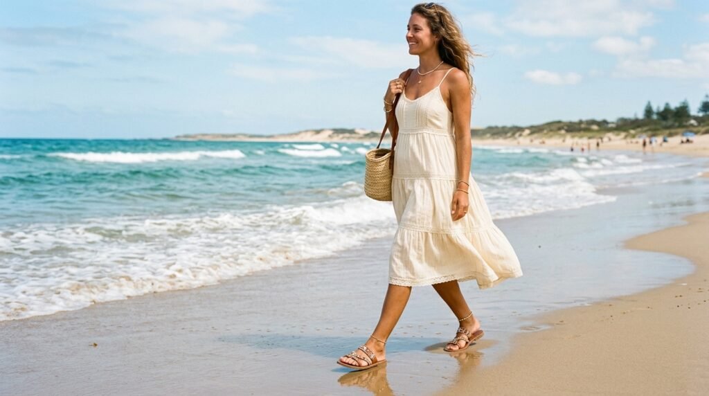 A woman walking barefoot-style in delicate flat sandals on a sandy beach.