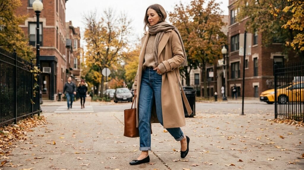Close-up of a woman wearing black leather ballet flats and cropped denim jeans while walking outside.