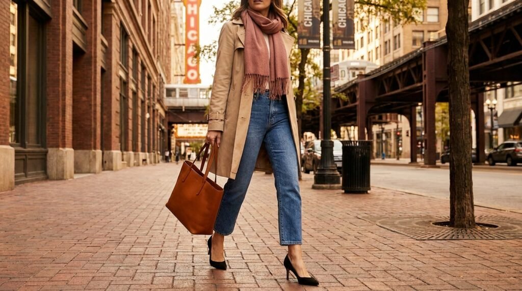 A woman walking on a city sidewalk wearing pointed-toe black pumps and a trench coat.