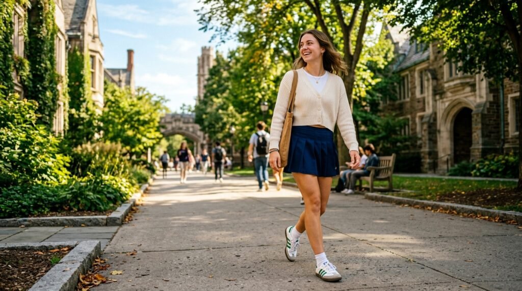 A woman walking on a sidewalk wearing Sambas, a tennis skirt, and a cardigan.