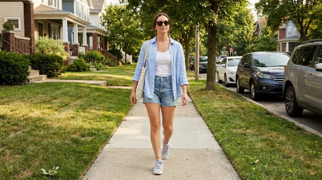 A woman walking outdoors in summer wearing denim shorts, an open linen shirt, and Nike sneakers.