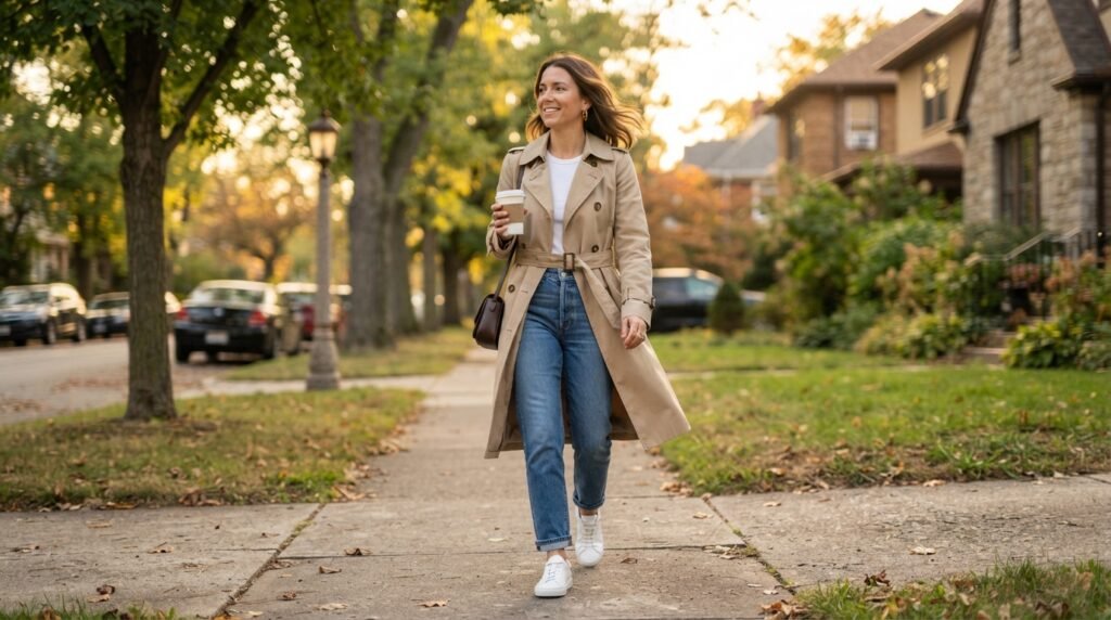 A woman walking on a sidewalk wearing white sneakers, blue jeans, and a trench coat during golden hour.