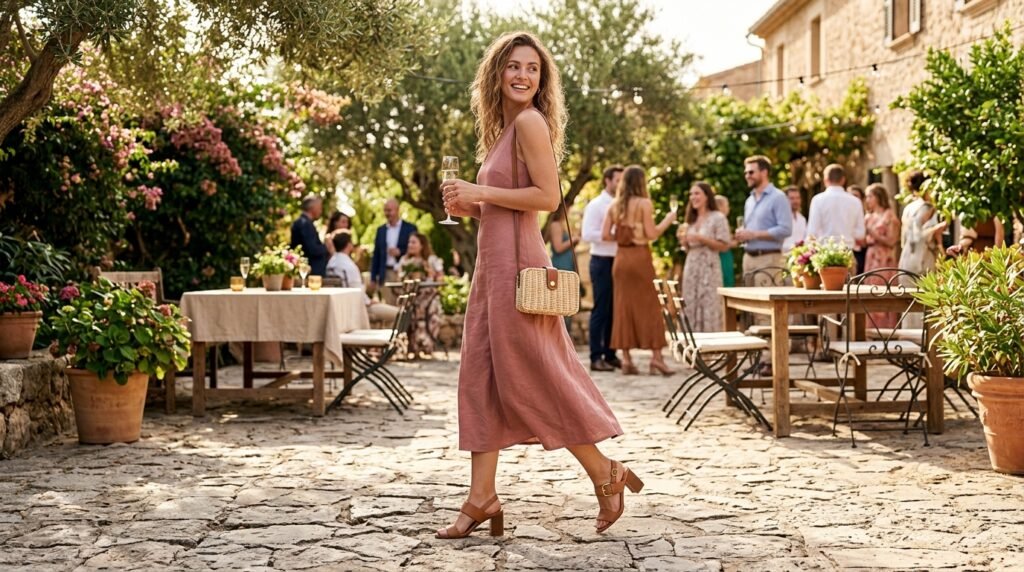 Close-up of nude block heels worn by a woman standing on outdoor stone paving slabs.