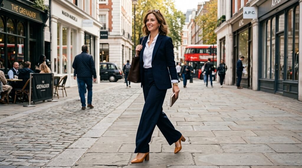 Woman walking on a city sidewalk wearing navy trousers and cognac block-heel pumps.
