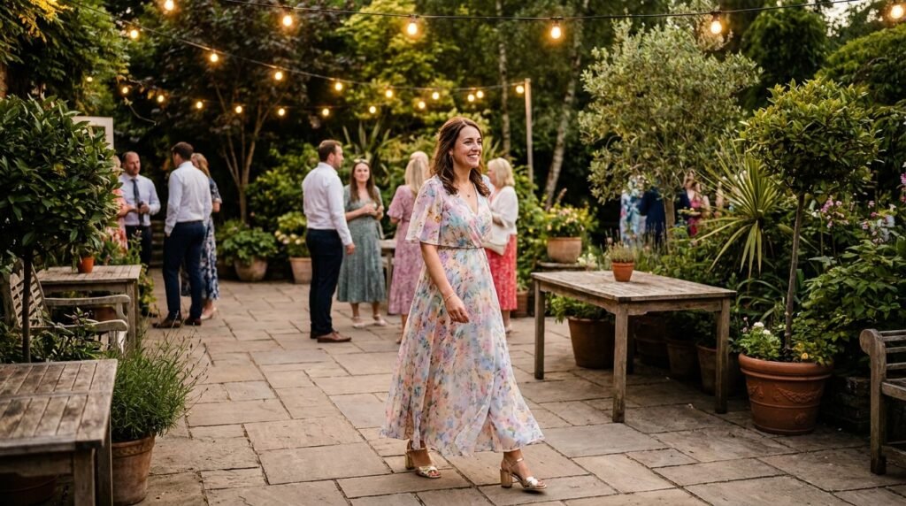 Woman walking on a stone terrace at an outdoor wedding wearing a chiffon dress and block heels.