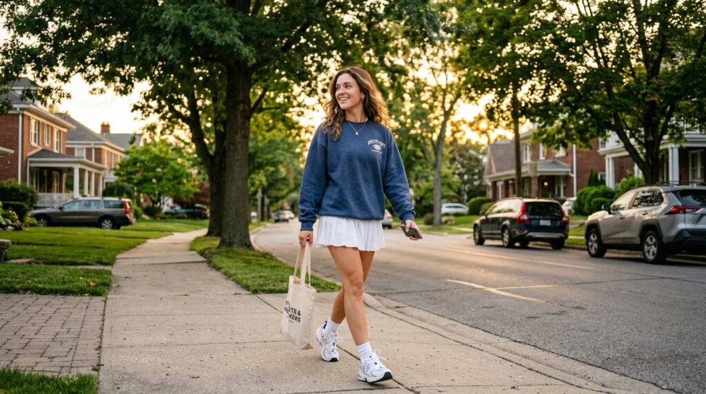 A woman walking outdoors wearing New Balance sneakers, a tennis skirt, and a sweatshirt.