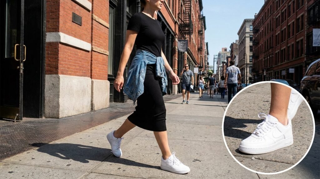 A woman walking outdoors wearing a black midi dress, denim jacket, and Nike sneakers.