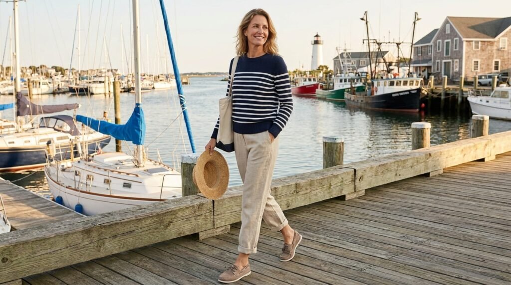 A woman wearing taupe suede boat shoes and linen pants near a waterfront.