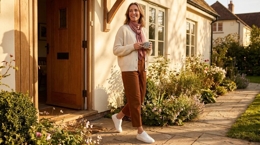 Woman smiling while walking out her front door holding a coffee cup in the morning light.