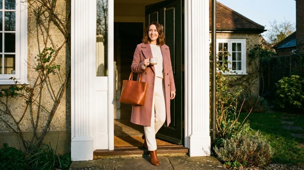 Woman smiling while walking out her front door with a coffee cup in hand.