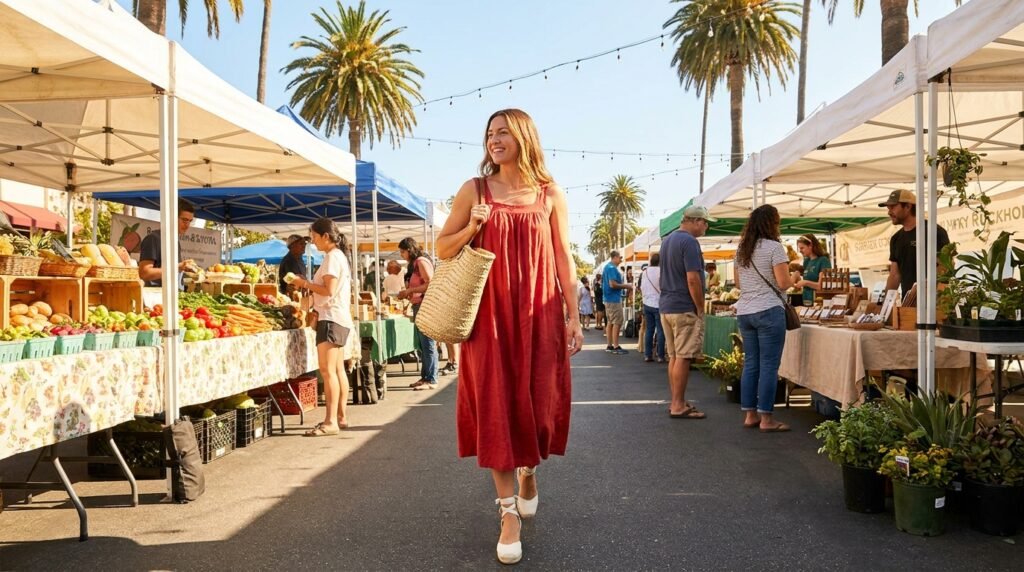 A woman walks through an outdoor market wearing a red sundress and white wedge espadrilles.