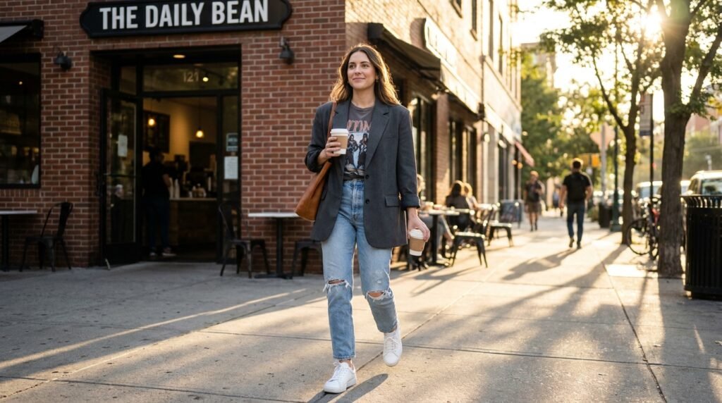 A woman walking outside a coffee shop wearing an oversized gray blazer, jeans, and white sneakers.