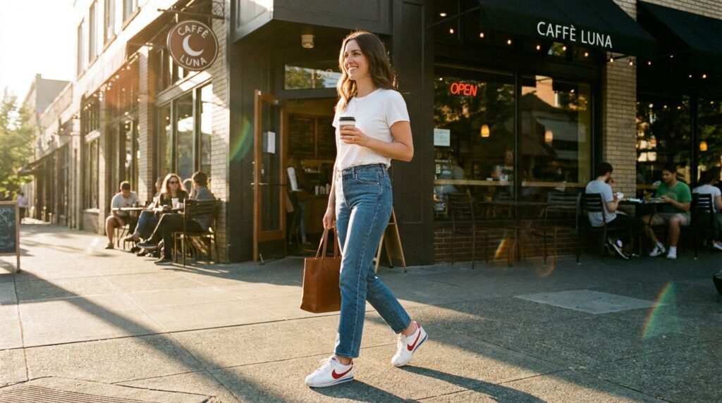 Close-up of a woman walking on a city sidewalk wearing a trench coat, jeans, and Nike sneakers.