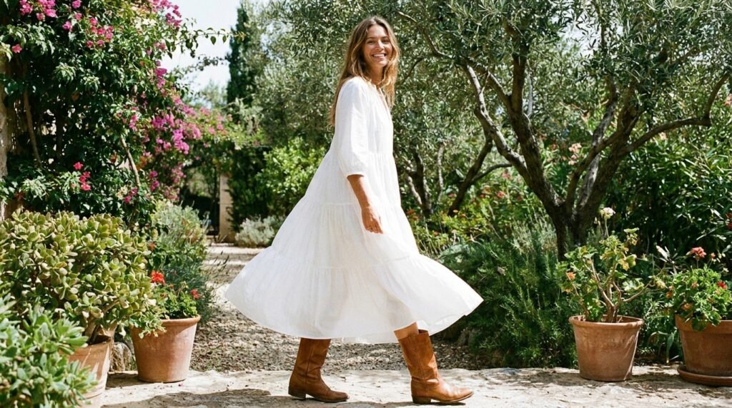 White tiered cotton midi dress paired with tan leather cowboy boots.
