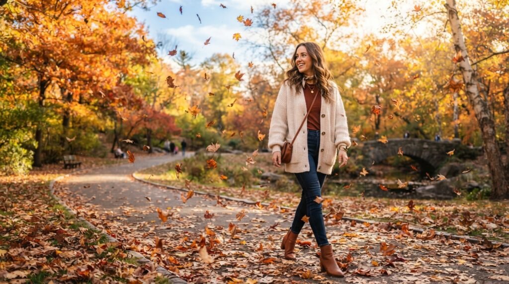 A woman walking in an autumn park wearing cognac ankle boots and a knit cardigan among fallen leaves.