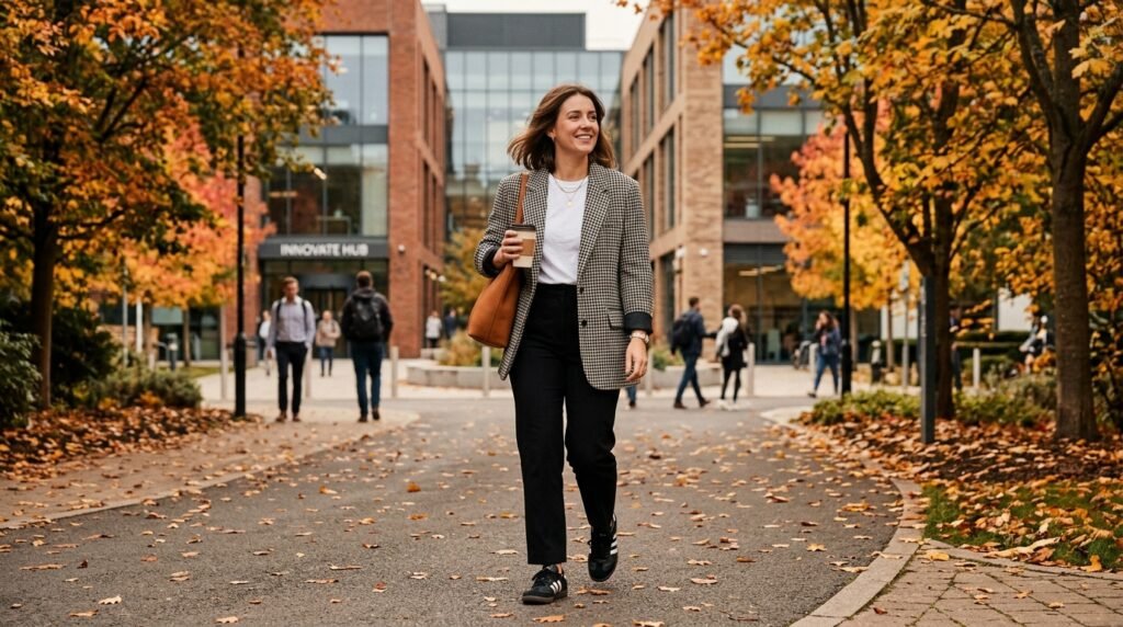 A woman wearing a houndstooth oversized blazer and leather sneakers while walking outdoors.
