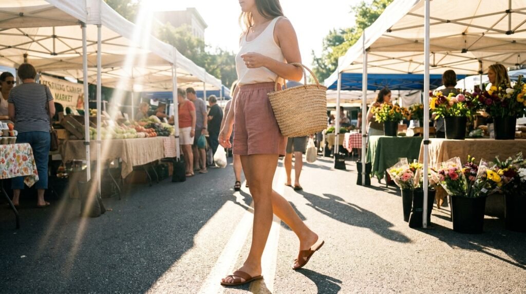 Woman walking outdoors wearing leather slide sandals and linen shorts at a market.