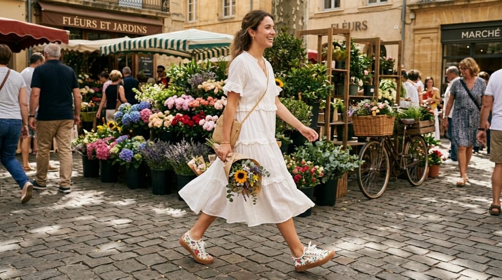 Woman wearing a white cotton tiered midi dress with low-top floral sneakers.