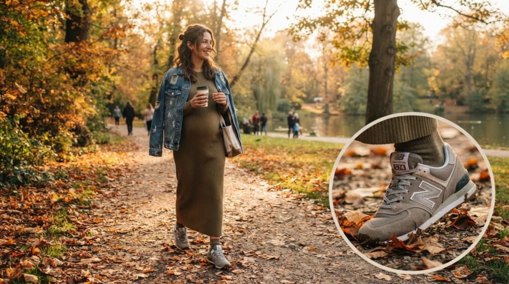 A woman walking in a park wearing an earth-toned knit maxi dress, a denim jacket, and New Balance 574 sneakers.
