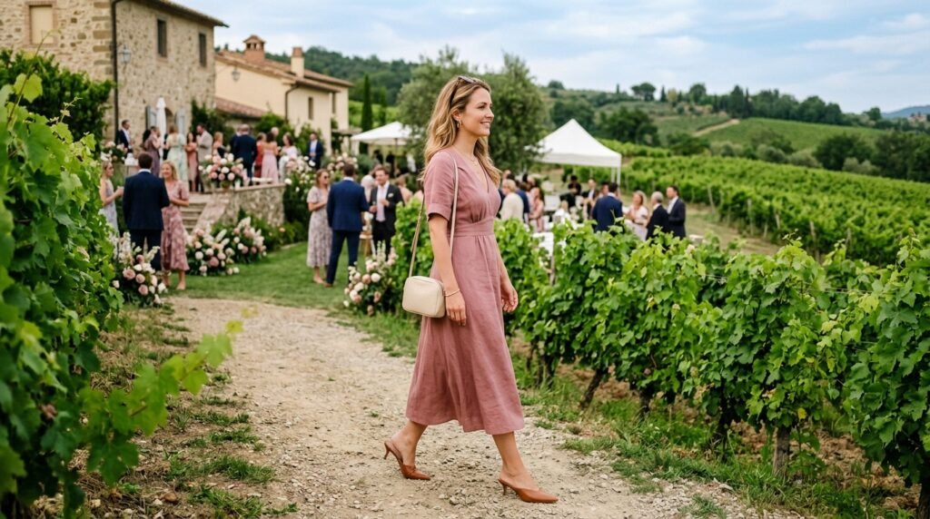 A woman's feet in low heeled mules walking through a green outdoor garden venue.