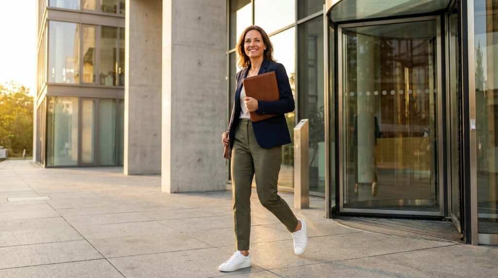 Woman walking confidently out of an office building wearing tailored trousers and sneakers.