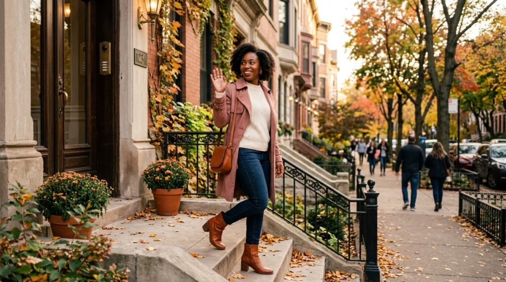 Woman stepping out of a brownstone doorway wearing cognac boots and waving with brown nails.