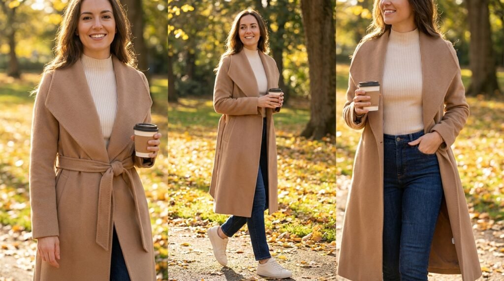 Woman outdoors wearing a belted camel cashmere coat, dark jeans, and cream leather sneakers.