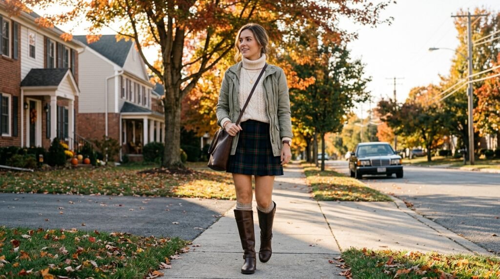 A woman wearing tall riding boots, a plaid mini skirt, and a cable-knit sweater.