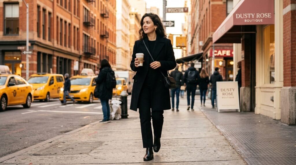 Woman in a black coat and black boots holding a coffee cup, showing chocolate brown nails.