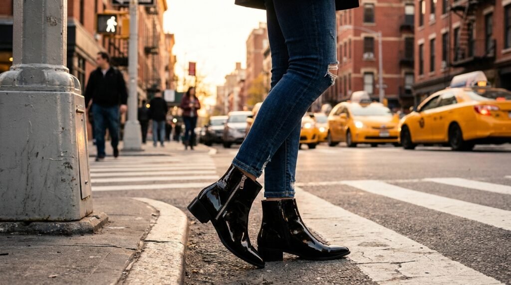 A woman's legs showing pointed-toe black patent leather boots with silver zippers paired with distressed dark jeans at a city crosswalk.