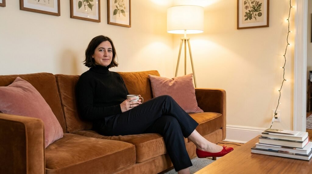 Woman wearing an all-black outfit with bright red flat shoes indoors.